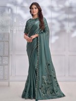 Teal Grey Crepe Satin Silk Saree